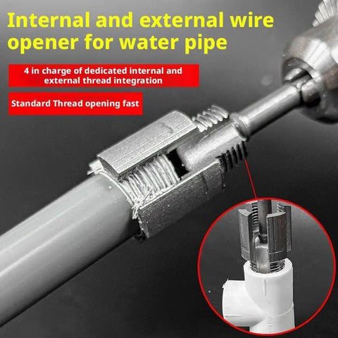 Premium 2-In-1 Internal And External Pipe Threading Tool Kit For Diy Plumbing Repairs with tungsten steel cutter on PVC pipe.