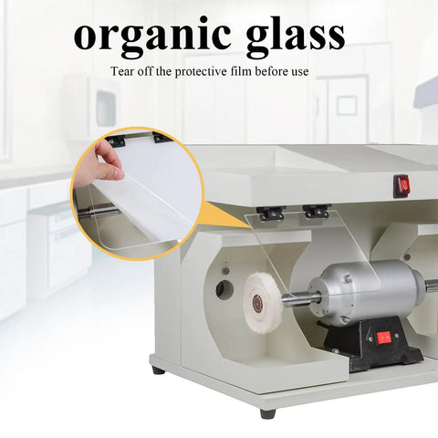 ZGOOD 550W Large Space Bench Grinder Buffing Machine With LED Light showing protective organic glass film being removed.