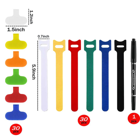60 Pack Cable Labels and Cord Organizer Kit with colored ties, labels, and marker for home office electronics cable management.