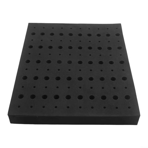 Heavy Duty Foam Router Bit Storage Organizer Tray Featuring 110 Snug Cutouts For 1/4 Inch And 1/2 Inch Shank Bits - black foam with cutouts