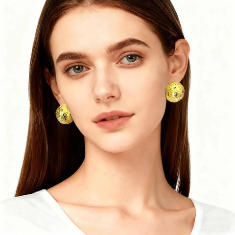 18K Gold Plated Hammered Dome Earrings For Women, Lightweight Hollow Half Ball Studs, Hypoallergenic And Anti Tarnish Texture Jewelry, Everyday Glam And Comfortable Wear, worn close-up