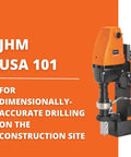 Heavy Duty Magnetic Base Drill With 1050 Watts Of Smooth Torque Power And Integrated Coolant Tank For Precision Metal Core Drilling 1.5 Inch HSS Cutter Capacity Two Inch Depth Built Tough For Grind Day Job Sites on construction site with bright orange background.
