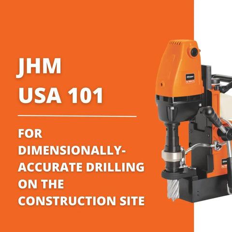 Heavy Duty Magnetic Base Drill With 1050 Watts Of Smooth Torque Power And Integrated Coolant Tank For Precision Metal Core Drilling 1.5 Inch HSS Cutter Capacity Two Inch Depth Built Tough For Grind Day Job Sites on construction site with bright orange background.