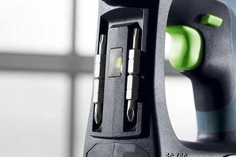 Close-up of Cordless CXS 2 Drill Kit With 3 Tools In One, FastFix For Centrotec Chuck, showing tool holder on handle.