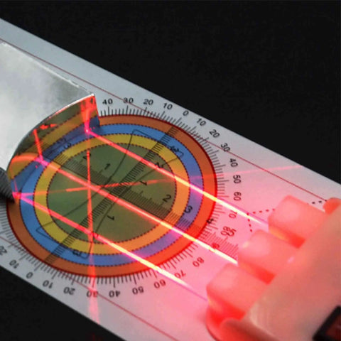 Image of Pro Grade Physical Optics Experiment Kit showing laser light paths on a precision measuring platform.
