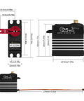 Diagram of Beefy 2 Pack 25Kg Digital Servo Motor High Torque RC Servo Full Metal Gear Waterproof With 25T Servo Arm detailing dimensions.