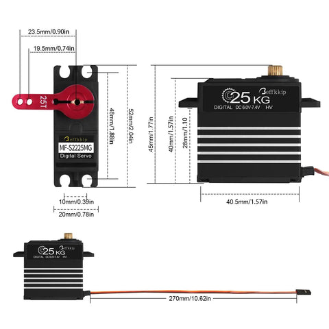 Diagram of Beefy 2 Pack 25Kg Digital Servo Motor High Torque RC Servo Full Metal Gear Waterproof With 25T Servo Arm detailing dimensions.
