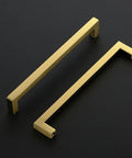 Gold Brushed Brass Cabinet Pulls 8 Inch Center With 20 Pack Kitchen Cabinet Handles Half Inch Wide Two And A Half Inch High Durable Build Includes Screws And Screwdriver Easy Install For A Sleek Dope Modern Makeover, two handles on black background