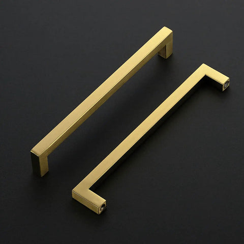 Gold Brushed Brass Cabinet Pulls 8 Inch Center With 20 Pack Kitchen Cabinet Handles Half Inch Wide Two And A Half Inch High Durable Build Includes Screws And Screwdriver Easy Install For A Sleek Dope Modern Makeover, two handles on black background