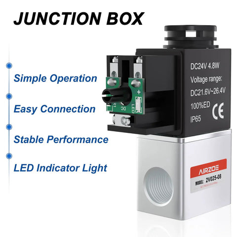 One Quarter Inch NPT DC 24V Solenoid Valve Two Way Normally Closed Electric Valve With Junction Box Model 2V02508 with LED indicator