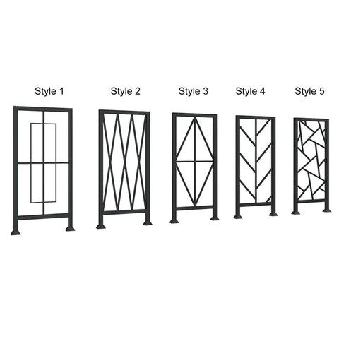 Five styles of Badass Black Wrought Iron Balustrade Kit Featuring Five Sleek Panels For Indoor Outdoor Deck Railing Systems.