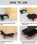 How to use Heavy Duty Furniture Lifter With 4 Sliders And Crowbar 360 Degree Rotation Wheels Mover Dolly 660 lb Load Capacity For Moving Sofa Cabinet And Refrigerator Set Of 6, showing steps with lifter, dolly, and wheels under furniture.