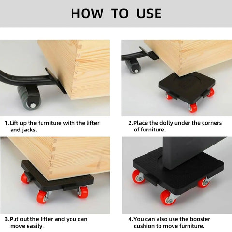 How to use Heavy Duty Furniture Lifter With 4 Sliders And Crowbar 360 Degree Rotation Wheels Mover Dolly 660 lb Load Capacity For Moving Sofa Cabinet And Refrigerator Set Of 6, showing steps with lifter, dolly, and wheels under furniture.