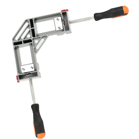 Two Pack Right Angle Corner Clamps With Double Handle Grip 90 Degree Aluminum Alloy for woodworking and welding setup.