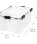 Legit Heavy Duty Stackable Storage Tote Bins 8 Pack 62.8 Quart Clear Black Plastic Gasket Boxes With Tight Latching Lids And Straight Up Weatherproof Seal Made In Usa, measuring 17.75L x 23.63W x 11.88H inches.