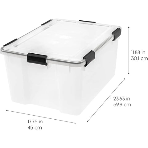 Legit Heavy Duty Stackable Storage Tote Bins 8 Pack 62.8 Quart Clear Black Plastic Gasket Boxes With Tight Latching Lids And Straight Up Weatherproof Seal Made In Usa, measuring 17.75L x 23.63W x 11.88H inches.