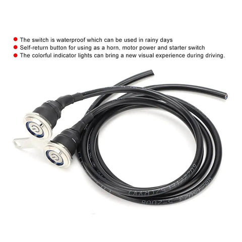 Dual Stainless Steel Handlebar Headlight Switch With Bright Blue LED Power Indicator For Motorcycles, coiled cables shown