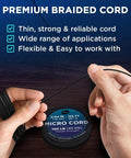 Person holding Black Micro Paracord 1.18 mm By 125 Ft Thin Yet Tough Utility Cord, 100 Lb Tensile Strength, Lightweight Braided Nylon Polyester Rope
