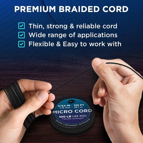 Person holding Black Micro Paracord 1.18 mm By 125 Ft Thin Yet Tough Utility Cord, 100 Lb Tensile Strength, Lightweight Braided Nylon Polyester Rope