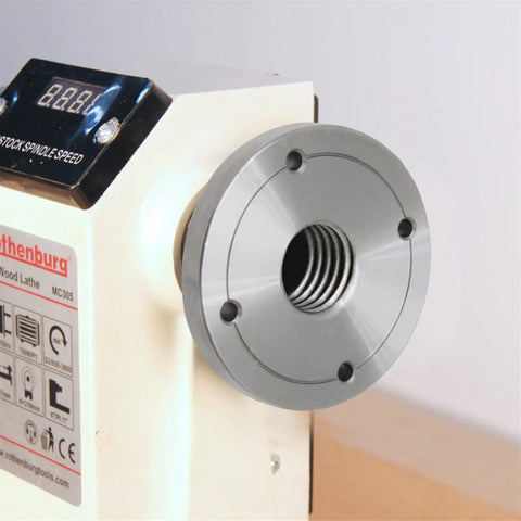 Heavy Duty 4 Inch Wood Lathe Face Plate With Compatible M33 M18 And 1 X 8 Tpi Threads Built Tough Steel Construction mounted on lathe.