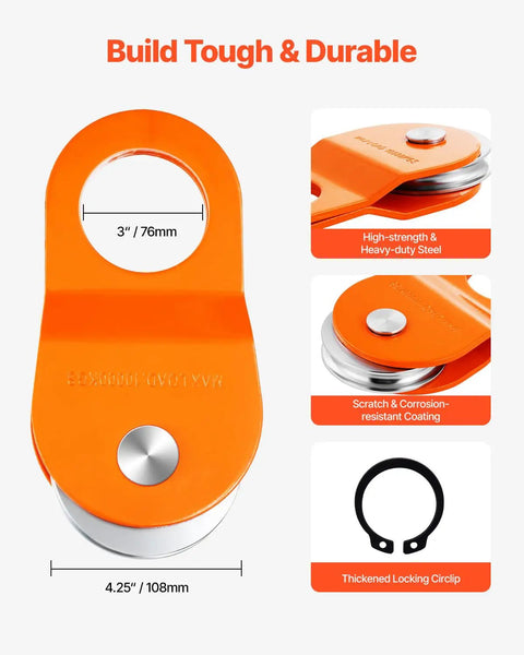 10 Ton Winch Snatch Block For Off Road Recovery orange steel pulley, 3 inch opening, 4.25 inch long, locking circlip