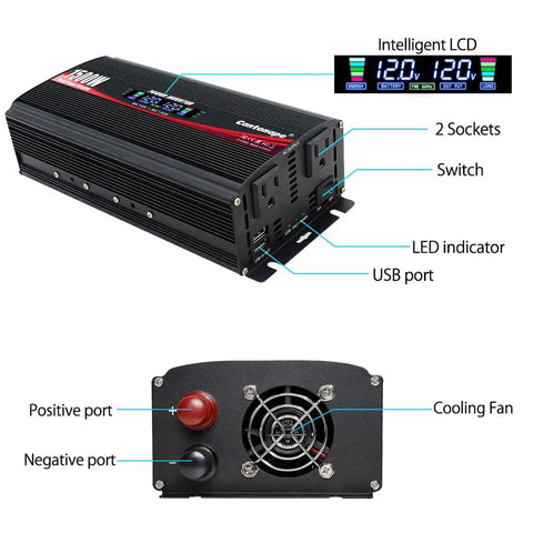 Heavy Duty 1500 Watt Power Inverter Straight Up Converts 12 V To 110 V AC For Cars Trucks And Rv Built Tough With Dual AC Outlets And Two USB Ports That Go Hard Off Grid showing intelligent LCD and dual sockets.
