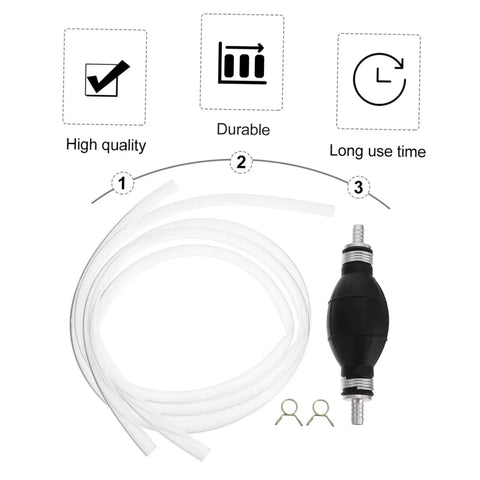 Manual Transfer Pump With One Way Siphon For Gas, Oil, Water And Fish Tank Liquids, Corrosion Resistant PVC Hand Pump, No Backflow, Easy Grab And Go Siphon For Cars, Motorcycles And Lawn Equipment., clear PVC hose with black hand pump and clips