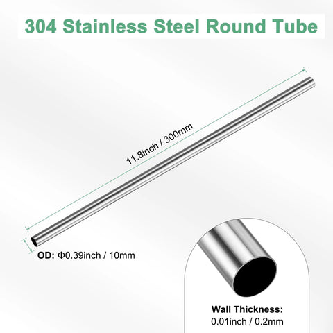 304 stainless steel round tube, 300 mm long, 10 mm OD, 0.2 mm wall, seamless