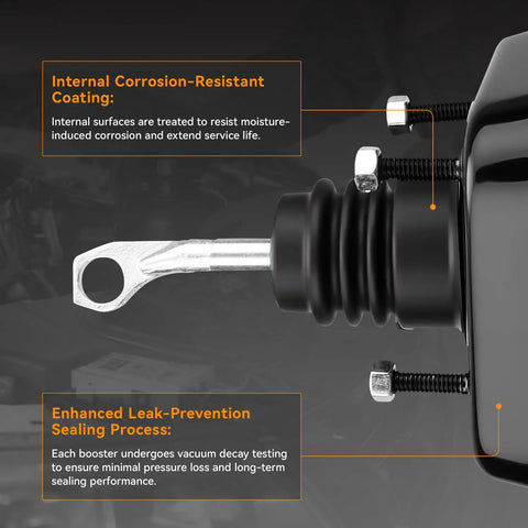 Internal view of Badass Heavy Duty Vacuum Power Brake Booster showing corrosion-resistant coating and leak-prevention features.
