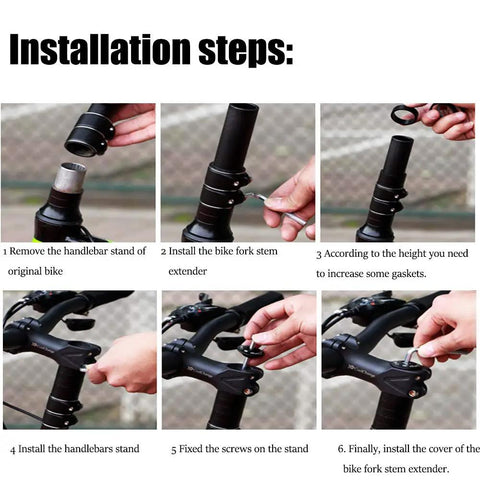 Installation steps for Super Adjustable Bike Stem Riser Extender Built With Tough Aluminum Alloy on handlebars.