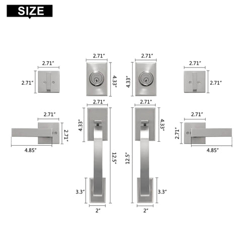 Front Door Handleset Double Door Lock Set In Satin Nickel With Deadbolt For Entry Doors showing dimensions and size details.