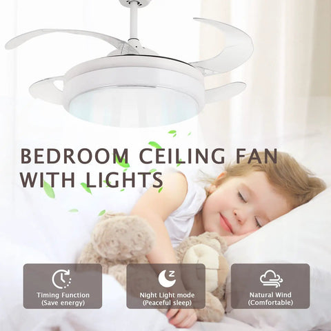 Child sleeping under 42 Inch Retractable Ceiling Fan With Remote And LED Light Modern White Enclosed Ceiling Fan With Invisible Blades