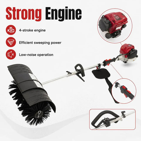 Powerful Gas Handheld Broom Sweeper With 1000W 4 Stroke Engine, 20 Inch Wide Lawn Yard Debris Cleaner For Streets, Parks And Farms, Aluminum Alloy Body, Durable Outdoor Cleanup Tool, shown with handle and engine