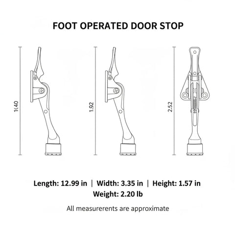 Hands Free Foot Pedal Door Stop With Weighted Base for Standard Interior Doors Zinc Alloy, side dimensions view diagram