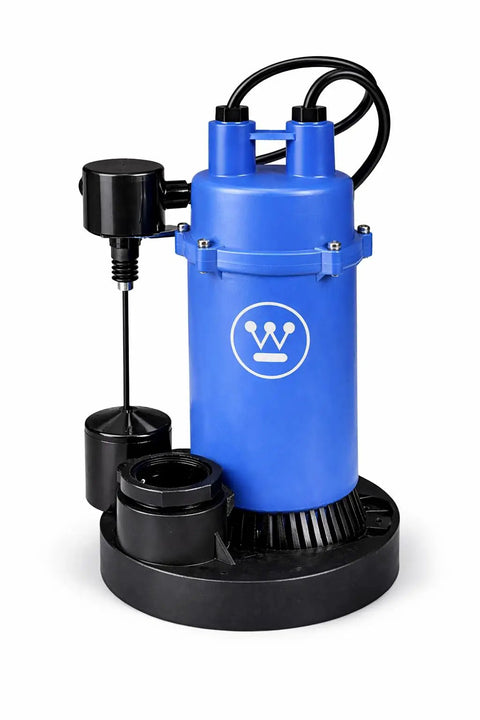 Blue heavy duty submersible sump pump 1/3 HP automatic vertical float switch delivers up to 3,600 GPH for fast water removal.