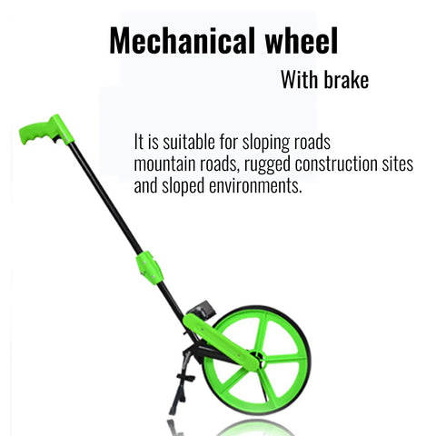 Rock Solid Aluminum Measuring Wheel With Giant Digital Dial And Easy Fold Handle For No Sweat Field Work And Swift Land Surveying Up to 9999 Meters, showing green wheel with brake.
