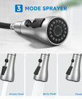 Top Shelf Kitchen Faucet With Slick Pull Down Sprayer, Single Handle Brushed Nickel, 3 Function Gooseneck Sink Tap close-up of sprayer head.