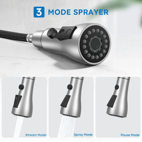 Top Shelf Kitchen Faucet With Slick Pull Down Sprayer, Single Handle Brushed Nickel, 3 Function Gooseneck Sink Tap close-up of sprayer head.