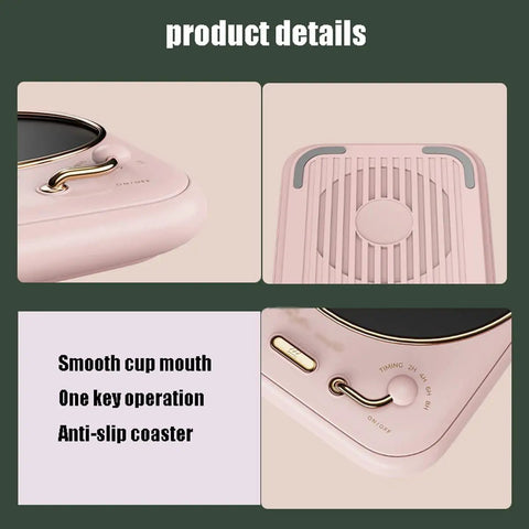 Smart Coffee Mug Warmer With Three Temperature Settings Keeps Your Mug Rocking Hot And Comfy Through The Daily Grind showing pink electric heater plate features.