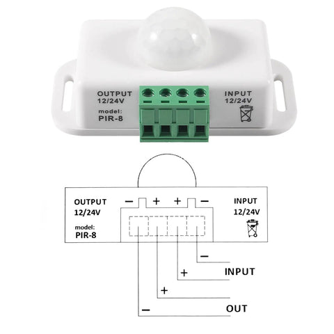 2 Pack No Brainer 12V-24V PIR Motion Sensor Switch for LED Light Strips Infrared Controller With Adjustable 1-10 Min Delay Auto On Off Motion Activated Sign Control 8 Meters Detection Range White, front view with wiring diagram