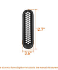 Single matte black front mesh grille insert with measurements for 2007-2015 Jeep JK Wrangler and Unlimited.