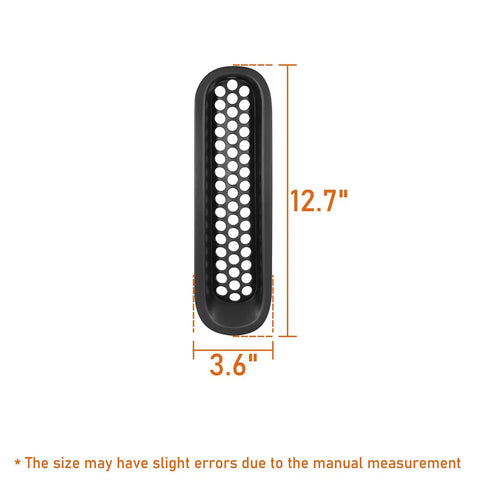 Single matte black front mesh grille insert with measurements for 2007-2015 Jeep JK Wrangler and Unlimited.