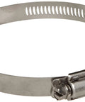 Side view of a 2-inch stainless steel hose clamp with worm-drive screw