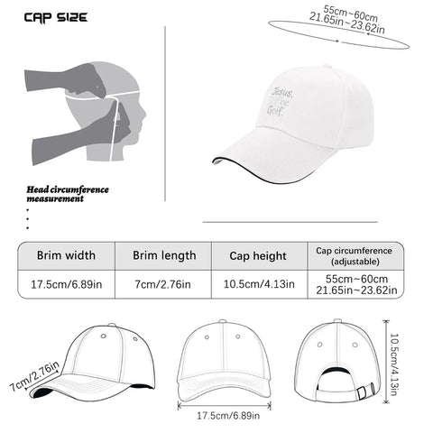 Size chart and dimensions for All Day Adjustable Golf Hat For Men And Women, Breathable Unisex Cap with buckle adjustment view.