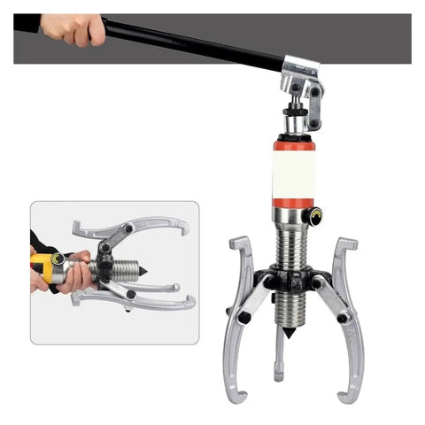 Heavy Duty Hydraulic Three Claw Puller Knocking Out Stubborn Bearings With Zero Sweat For Auto Mechanic Crews Up To Fifty Tons Of Raw Pulling Power For Heavy Workshop Jobs, showing tool in use with a grip and hydraulic mechanism.