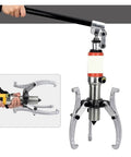 Heavy Duty Hydraulic Puller, Three Claw Bearing Removal Tool, Hub Extractor Wrench, 5 To 50 Ton Capacity with a user gripping the handle.