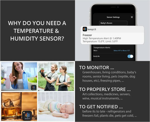 Wireless Temperature And Humidity Sensor Made In USA With 24 Seven Data Logger And Alarm, Bluetooth Smart Thermometer And Hygrometer, Bluetooth Only No Wifi, Auto Minute Readings And Phone Alerts For Home Or Office; app alert screen