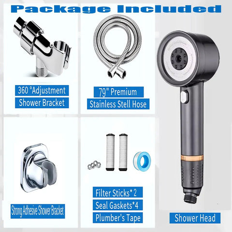 High Pressure Handheld Shower Head With Pause Switch 4 Spray Modes Rain Massage Mist Power Wash Filtration Showerhead With 79 Inch Hose Adhesive Wall Mount Bracket And Replacement Filter Gray with included accessories
