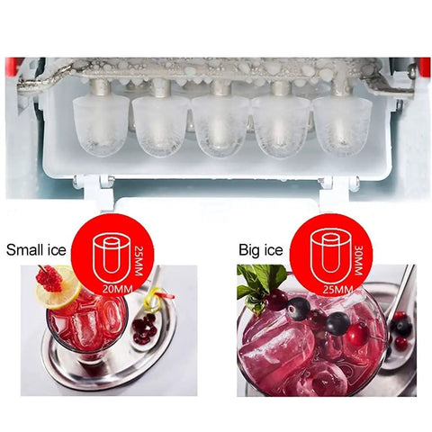 Top Shelf Portable Countertop Ice Maker With Sleek Stainless Steel Build Produces 33 Lbs Of Fire Ice In 7 Minutes showing small and big ice options.