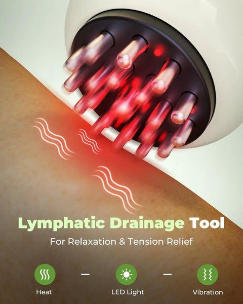 Chill Out Lymphatic Drainage Massager And Handheld Body Sculpting Machine in use showing red light therapy on skin